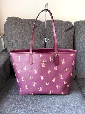 Coach Reversible City Tote Party Cat Print Dark Berry Multi F80232 NWT